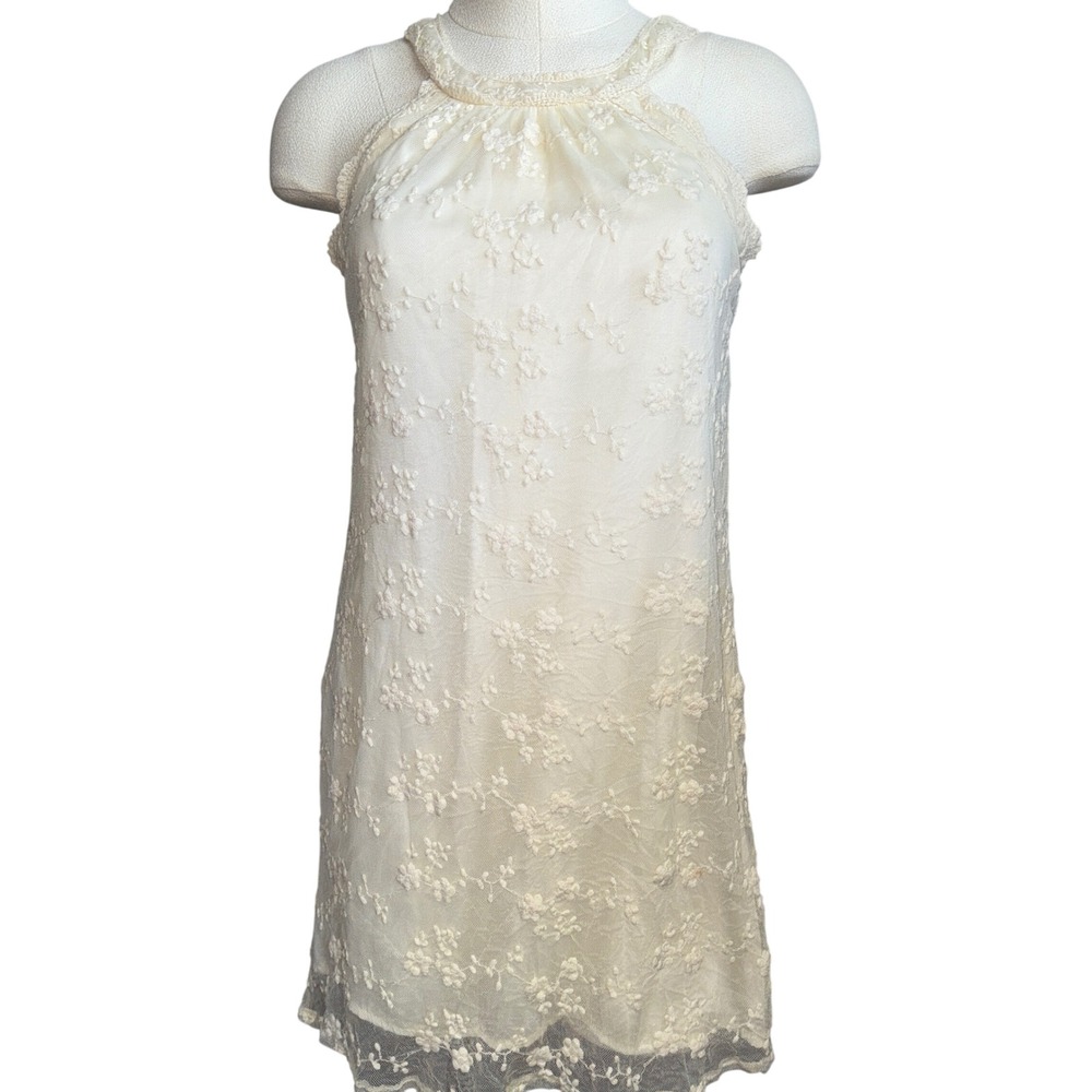 Lace Halter Mini Dress Sz S Sleeveless Cream Boho Chic Festival Y2K *flawed